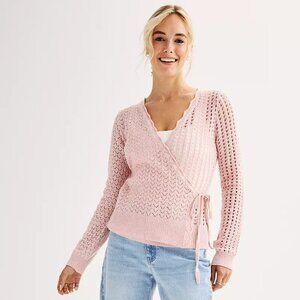 SO Size XL Juniors Light Pink Pointelle Wrap Front Sweater, NEW With Tag